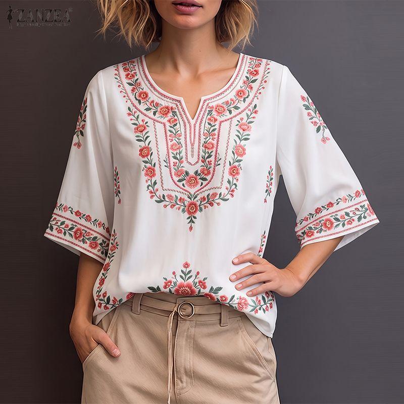 ZANZEA Women Casual Round Neck Ethnic Print Loose Half Sleeve Blouse