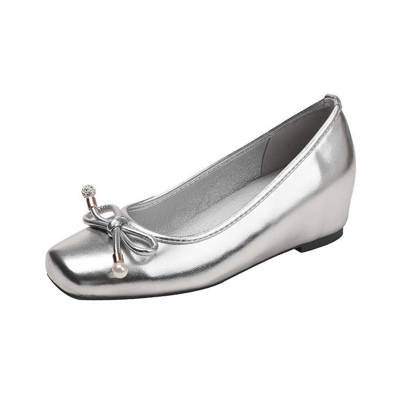 ~ Classic round head bow light mouth soft sole square head pearl ballet silver single shoes women
