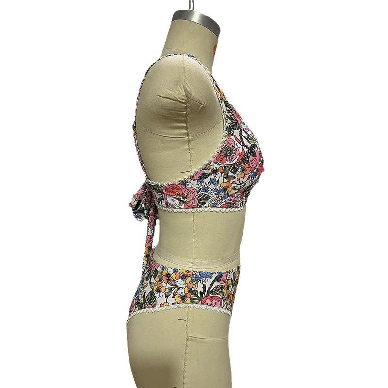 2024 Nové tištěné bandážové bikiny: Dámské evropské a americké dvoudílné plavky s ocelovou podporou a vysokým pasem