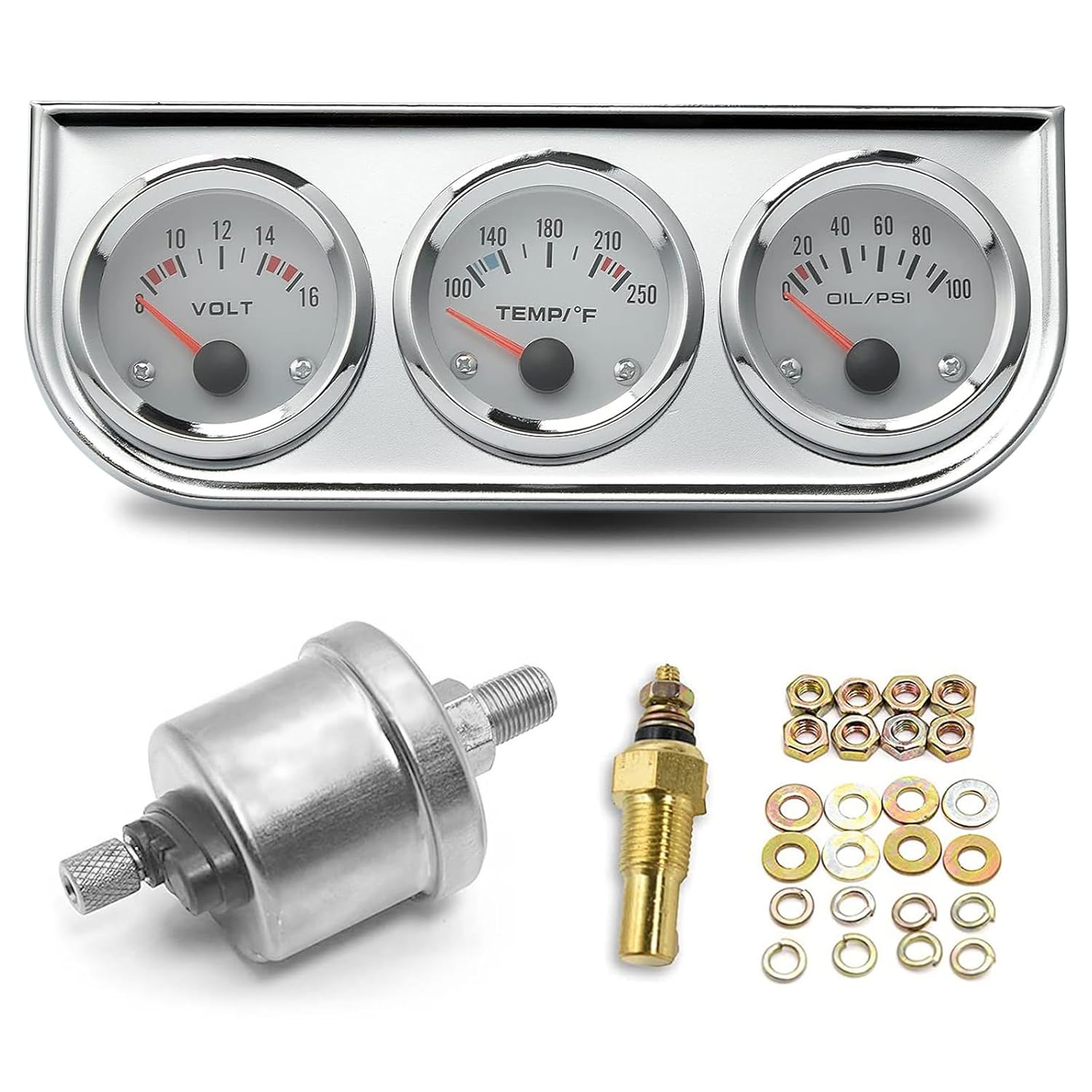

52mm 3 in 1 Car Auto Gauge Kit (Volt Meter+Water Temp+Oil Pressure Meter) Stainless Steel Triple Auto Dashboard Gauge Set with Black Console for 12V A-Sliver
