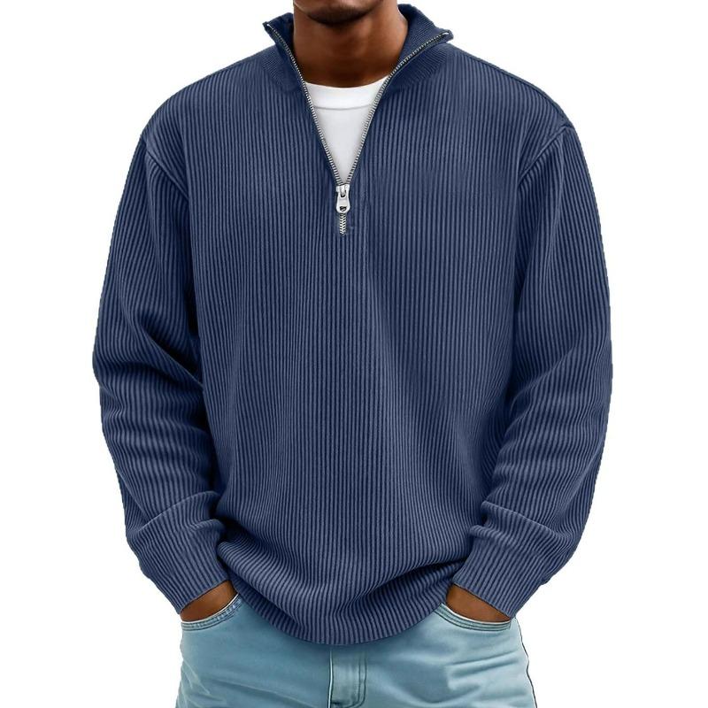 Men's Corduroy Long Sleeve Polo Sweatshirt Stand Collar Zip Neck Vintage Casual Top