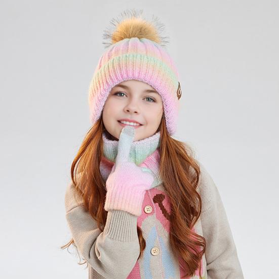 3Pcs/Set Kids Winter Knitted Scarf Gloves Set Pom Pom Ball Rainbow Color Brimless Hat Touchscreen Gloves Neck Warmer Set