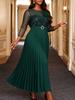 Damen Elegantes Pailletten-Netz-Maxikleid Dreiviertelärmel Plissiertes Detail Strass-Schnalle Taille 3D-Blume Formelles Abendkleid