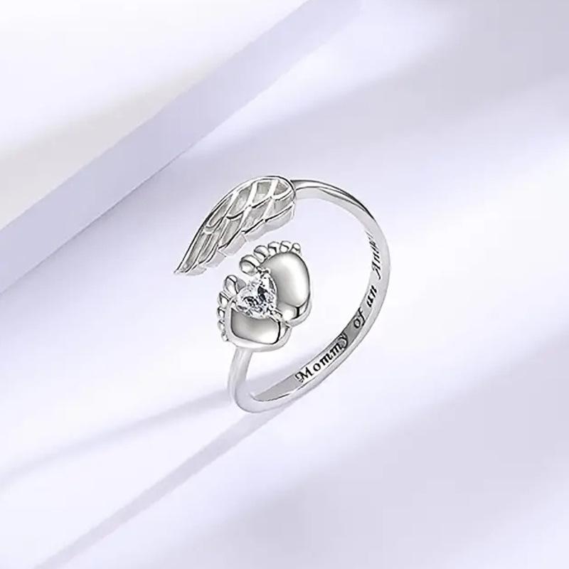 Baby Footprint Ring, Angel Lettering Jewelry, Mom Gift Fashion Design Sense