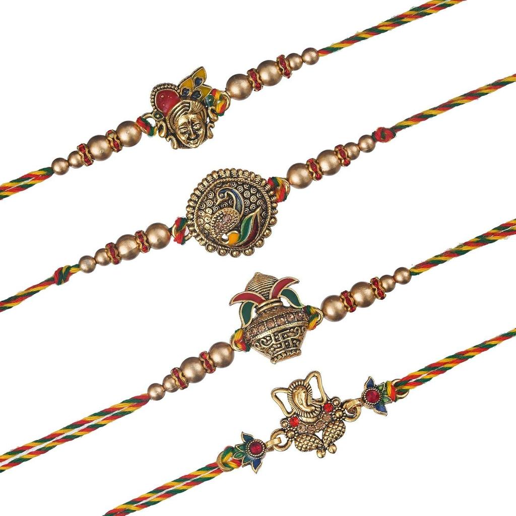 Set aus 4 Designer-Rakhis mit Lord Ganesha, Pfau, Krishna & Kalash, mit Roli-Chawal-Packung und Best Bro Ever Kühlschrankmagnet - Rakhi für Bruder