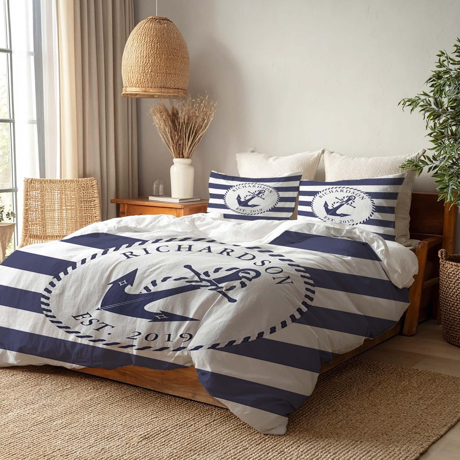 

Custom Nautical Blue Duvet Cover Three Bedding Set Personalized Name Birthday Bedding Quilt Cover Christmas Halloween Gift. 135x200cm