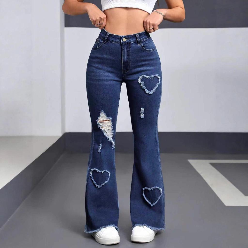 Damen Vielseitige Hell-/Dunkelblaue Schlagjeans mit Modischer Herz-Verzierung und Ripped-Design - Kollektion 2025
