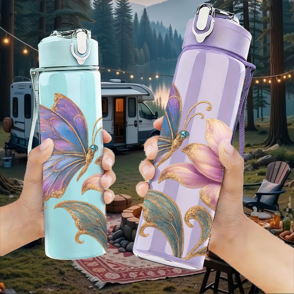 1PC Butterfly On Pink Peony Flower Print 750ml Color Plastic Sports Water Bottle Leakproof Flip Straw Lid Suitable for Sports Office Home Use