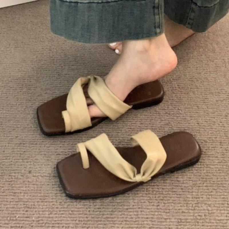 

Fashion Korea Summer Retro 2025 Square Toe Toe-Loop Flat Sandals Vintage Slide Slippers Beach Casual Shoes Slingback Outdoor Footwear 39