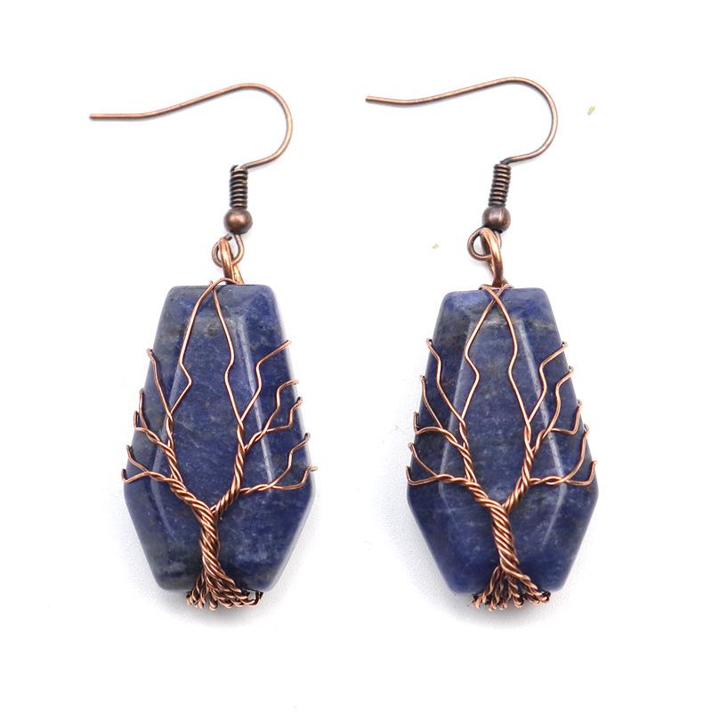 Handmade Agate Coffin Board Tree of Life Earrings - Natural Stone Crystal Dangle for Wealth and Harmony.