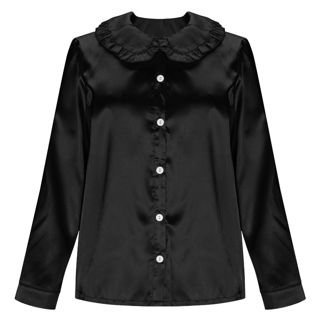 Womens Silk Satin Tops Ruffle Lapel Collar Button Down Shirts Casual Long Sleeve Business Dressy Luxury Clothes