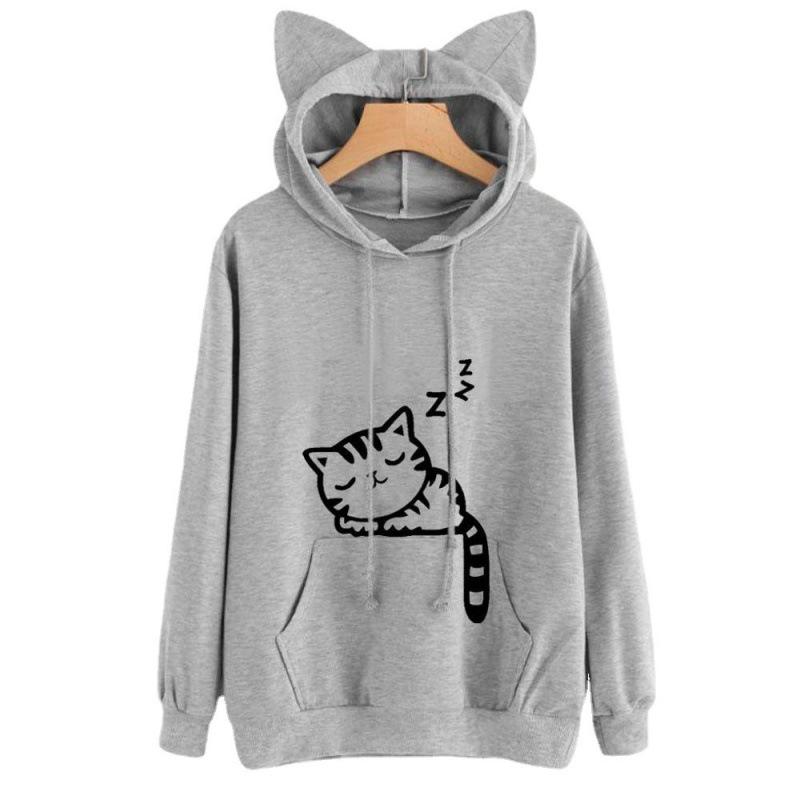 Plus Size Cat Print Fleece Hoodie for Women - Autumn/Winter Collection