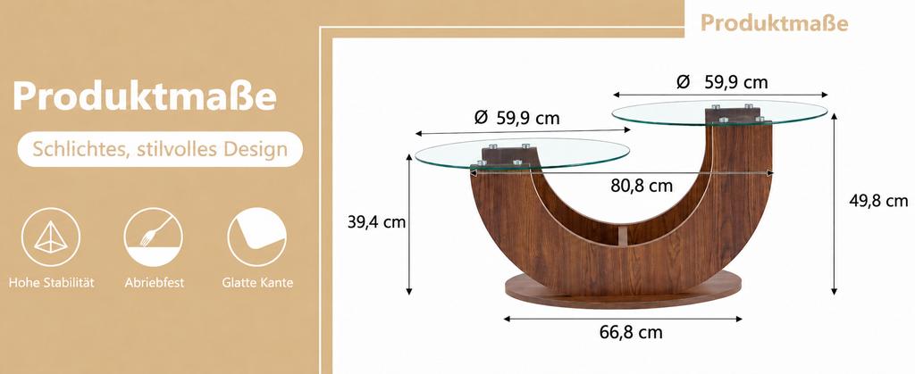 Modern Coffee Table, 2 Tempered Glass Tops, MDF Frame with Storage, Glass Coffee Table for Living Room, Walnut Look