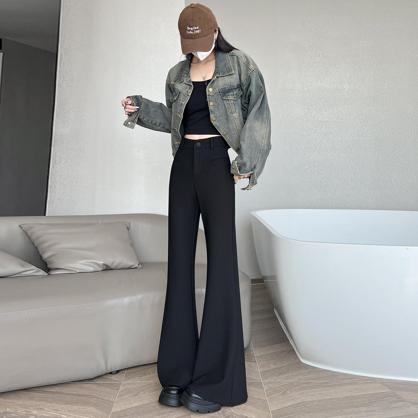 

Women s Black High-Waist Micro-Flare Pants - 2026 Spring, Tummy-Concealing, Slimming, Draped, Elastic Casual Wear XL