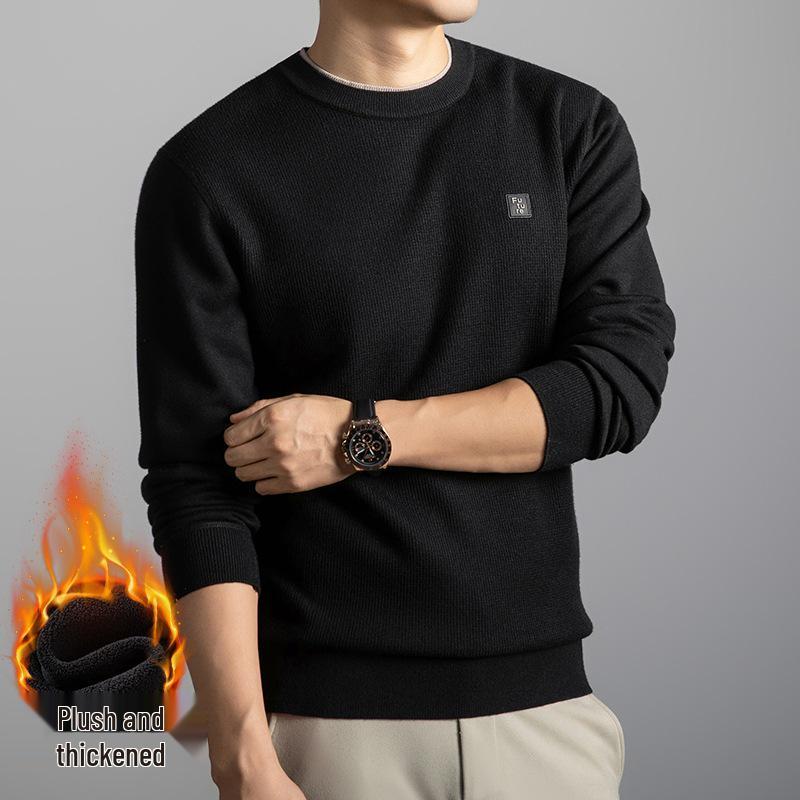 Men s Winter 2025 Wool Round Neck Sweater, Plus Velvet Thickened Knitwear Base Layer M
