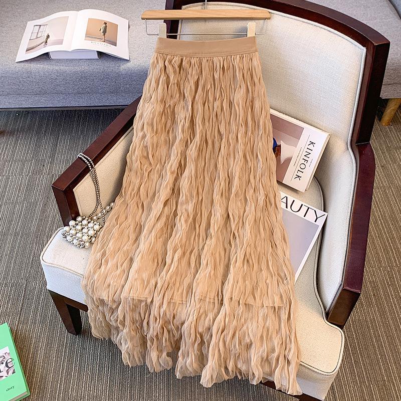 Plus Size Elastic Waist Pure Color Mesh Skirt Long Half-length Wave Pattern Pleated A- Line Commuter Style Polyester Fabric