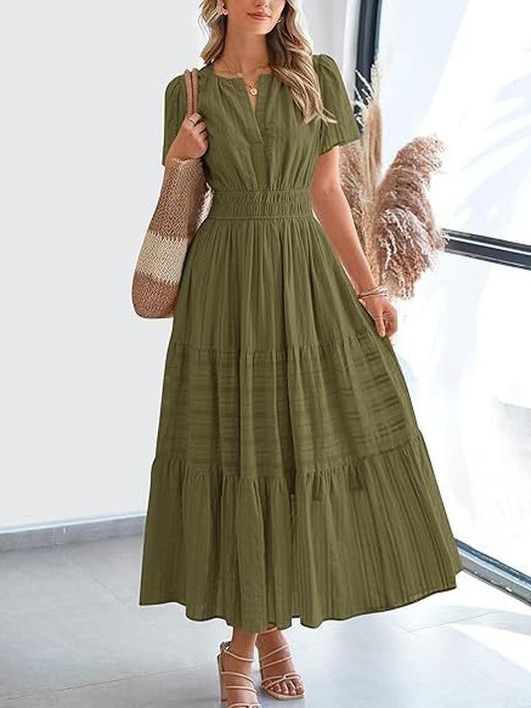 Spring/Summer Women's Fashion V-Neck Ruffled Bubble Sleeve Layered Maxi Dress for Women