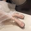 Fashion French Bow Block Heel Mary Jane Shoes Women's Summer New Square Toe Shallow Mouth Beaded High Heel Fashion Sandals