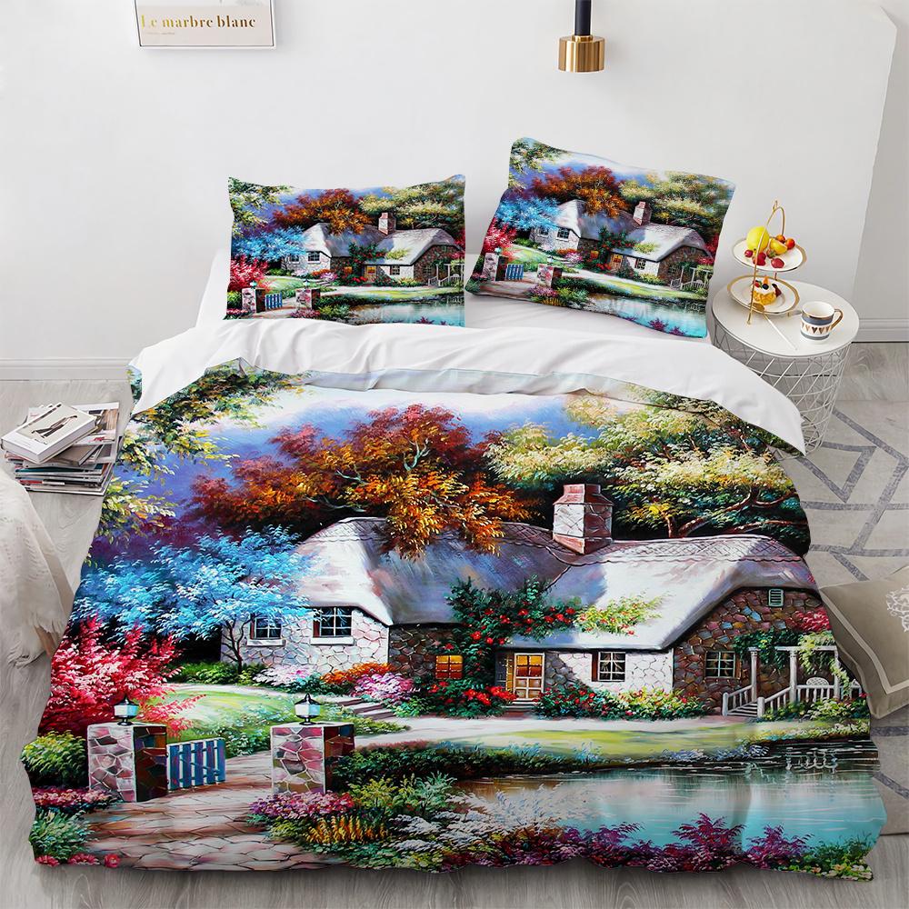 Painting Duvet Cover Set Beautiful Landscape Sun Lake Bridge Polyester Comforter Cover for Kid Boy Girl Artist Bedding Set King