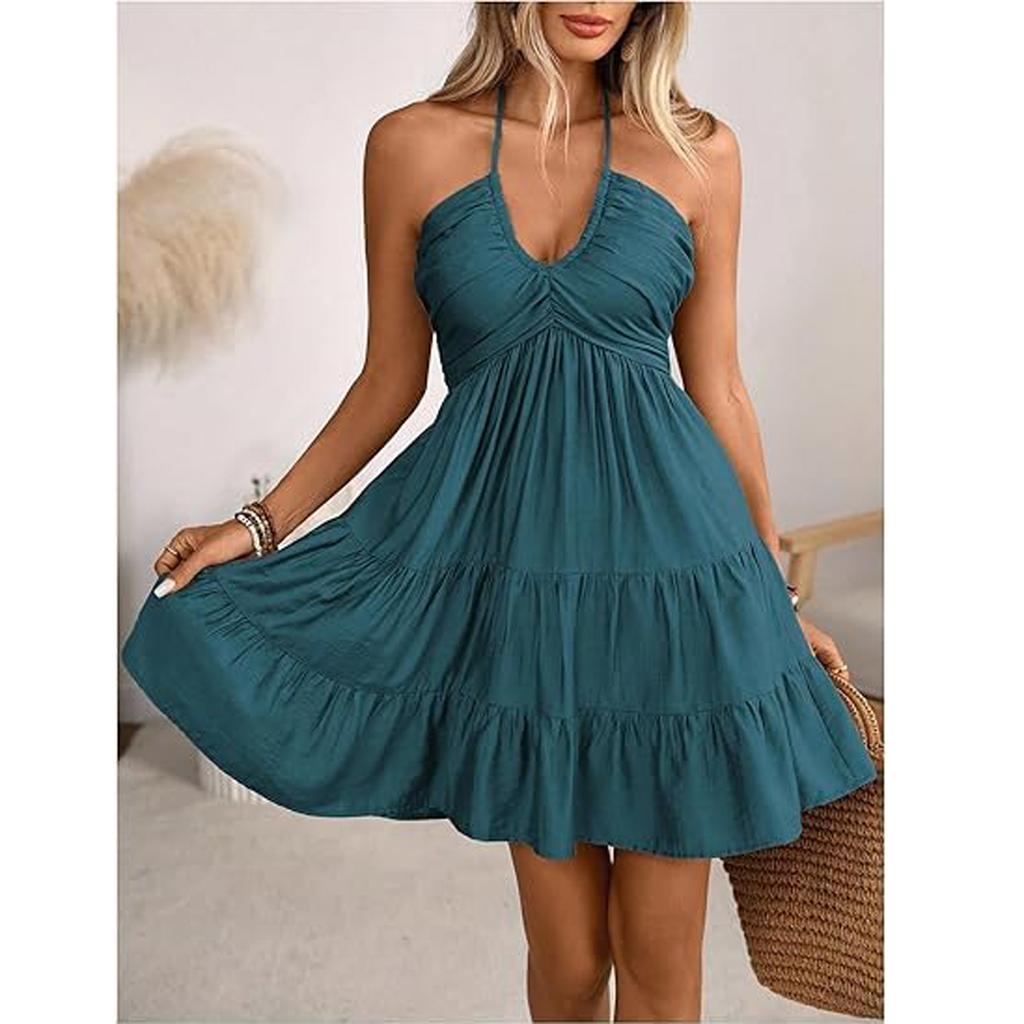 Robe sans manches pour femme Décontractée Fluide Coupe A Ligne Midi Robes T-shirt Avec Poches Col Rond Vocation Bohème Plage Robe d'été