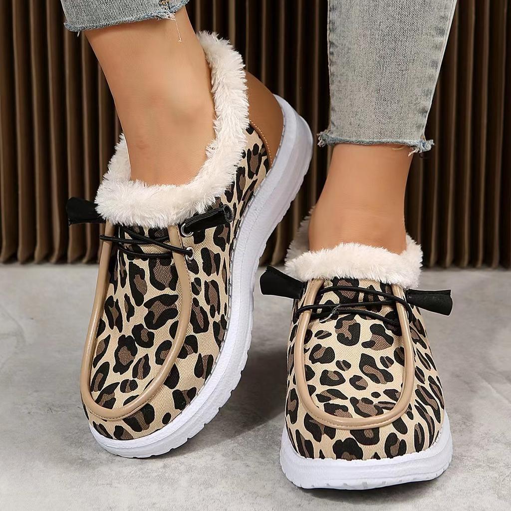 Winter thick-soled shallow-mouth low-top warm cotton shoes women's velvet thickened leopard print snow boots