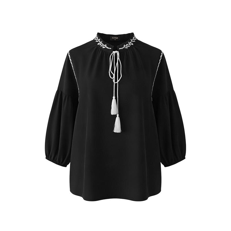 VONDA Summer Women V-Neck 3/4 Sleeve Embroidery Hem Casual Blouse