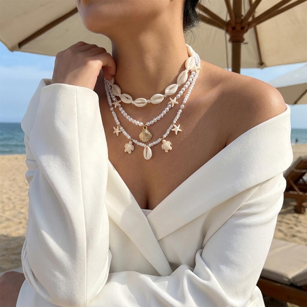 Shell Turtle Starfish Imitation Pearl Seed Bead Necklace 3-Piece Set Stacking Beach Vacation Style Accessory Daily Accessory