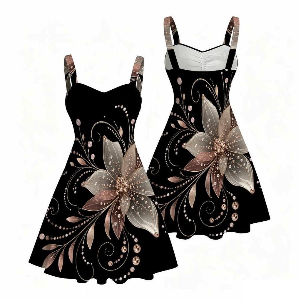 Women Plus Size Strappy Off Shoulder Dress Square Neck Sleeveless Geometric Star Print Flared Hem