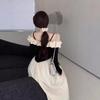 One-word Neck Splicing Contrasting Color Suspender Dress Women's Spring Season New French Sense Slim Waist Temperament Long