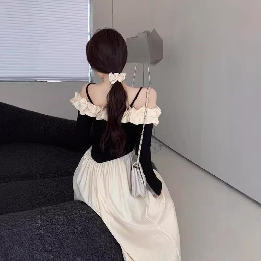One-word Neck Splicing Contrasting Color Suspender Dress Women's Spring Season New French Sense Slim Waist Temperament Long