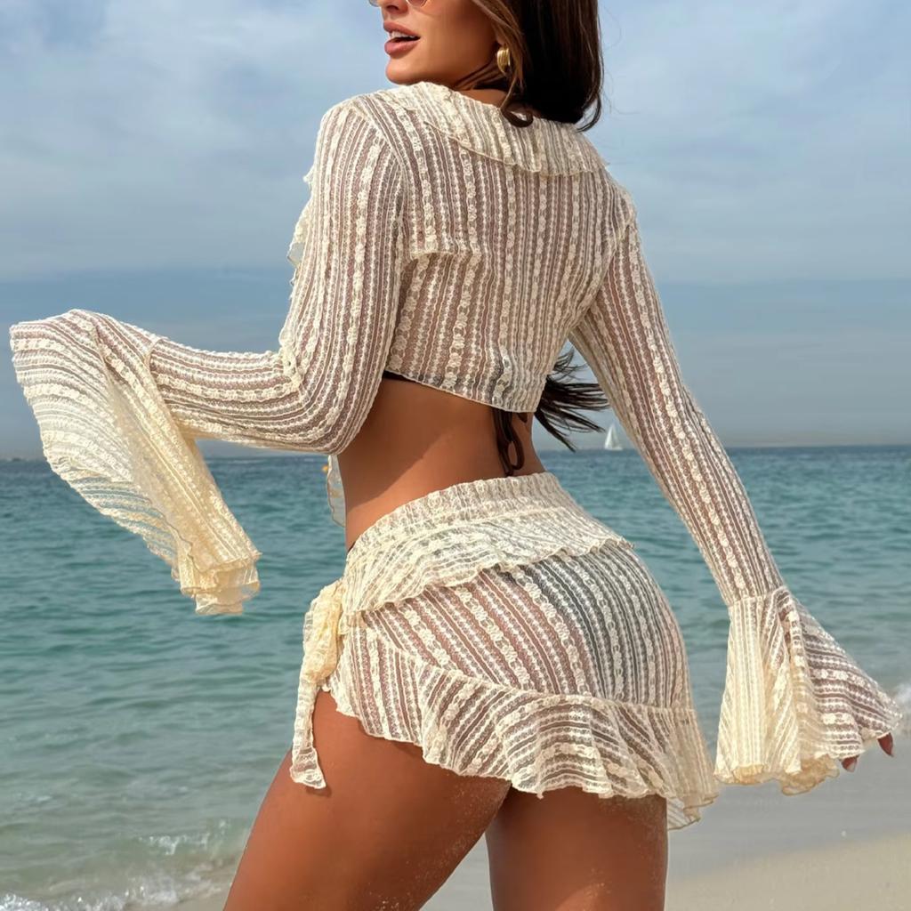 New Sexy Lace Puff Sleeves Four Pieces Bikini Sets Swimsuit For Women Long Sleeves Swimwear Female Bathing Suits Beachwear