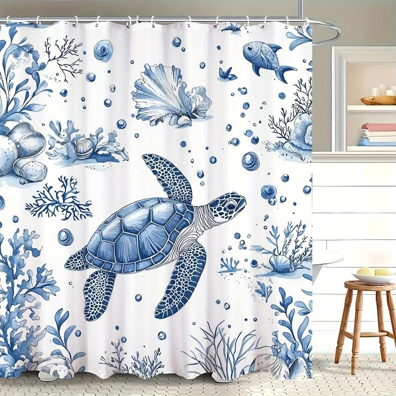 

1pc Ocean-Themed Shower Curtain with Turtle Design, 70.8x70.8 Inch, Durable Polyester, Easy to Clean, Includes 12 Hooks - Ideal 90x180cm