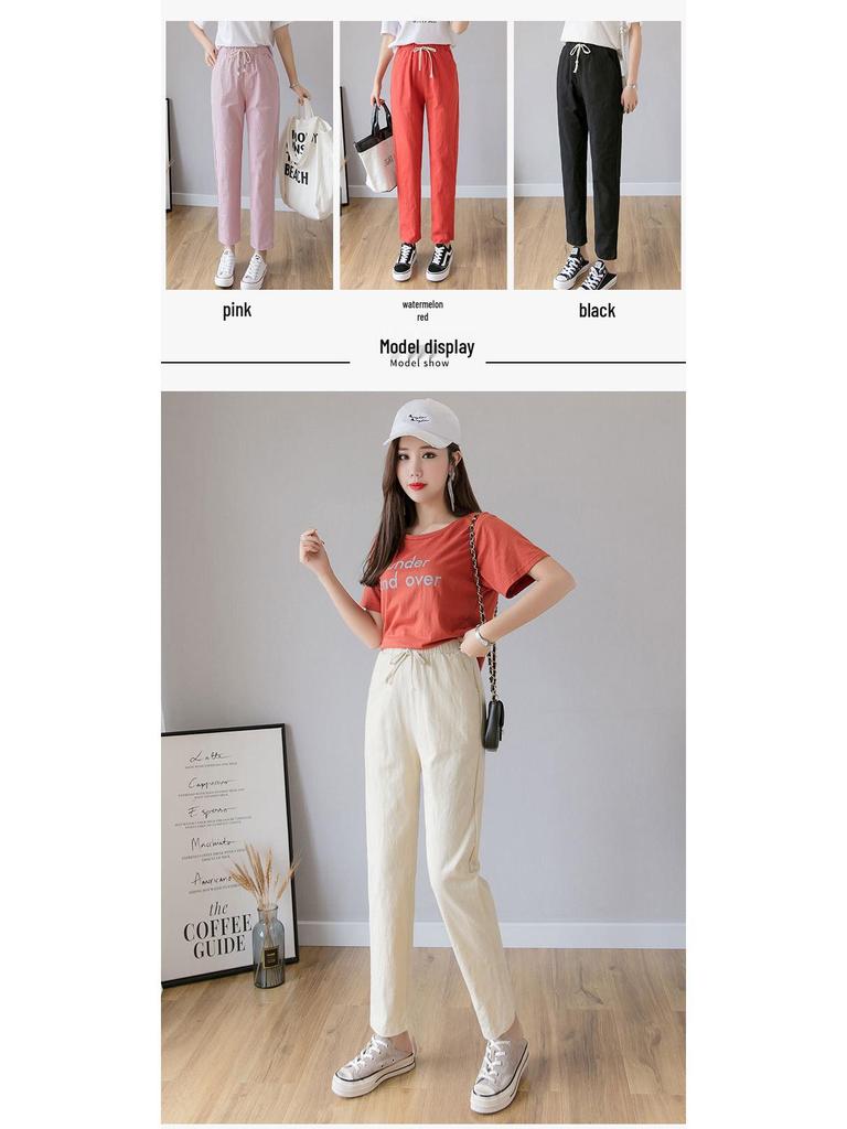 Women's Plus Size Cotton Harem Pants - Spring/Summer Solid Color, Nine-Point Length, Loose Casual Fit