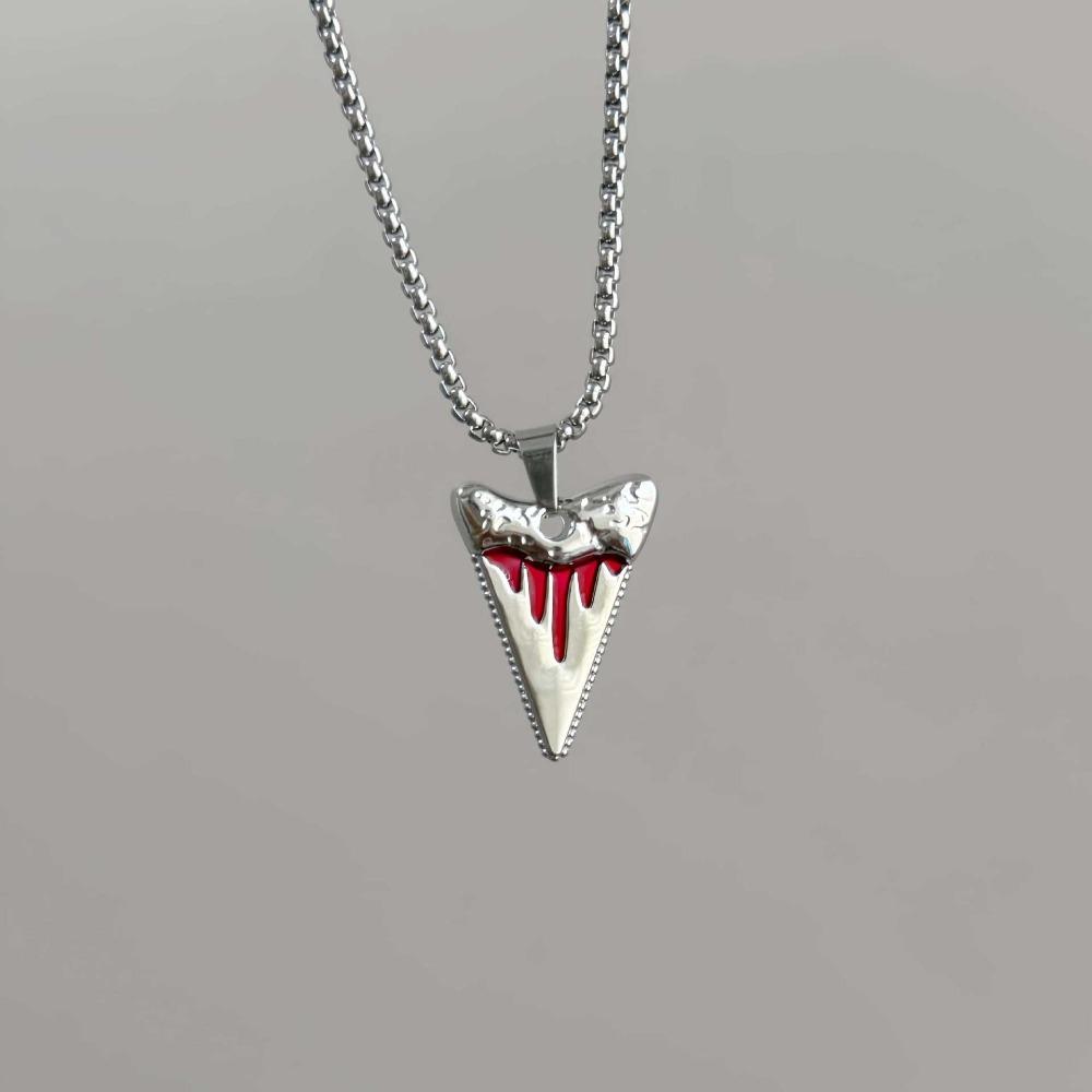 Hip-hop Personality Red Drip Glaze Sliver Color Shark Tooth Pendant Necklace Earrings for Women Men Punk Couples Jewelry Sets