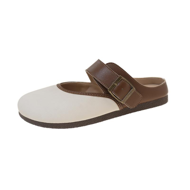 

Модные женские модные туфли-шлепанцы Баотоу Весна Новые Круглый носок Мелкий вырез Металлическая пряжка Мягкая подошва Противоскользящие Износостойкие Туфли на плоской подошве 40 бежевый