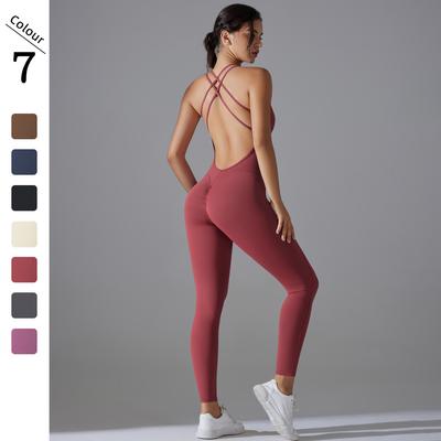 One Piece Yoga Jumpsuits Kvinner Ensfarget Fitness Bodysuit Rygg Cross Playsuit Ryggløse Yoga Rompers