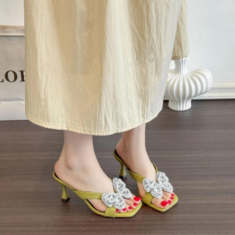 Fashionable Women's Summer Slippers Square Head Thin Heel Outdoor Wear PU Leather Rubber Bottom Ladies Slip-On Shoes