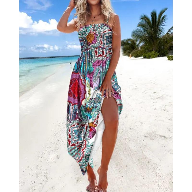 Printed Sleeveless Dress High-waisted Summer Slimming Beach Vacationbeach Halter