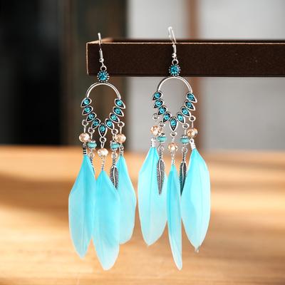 Etniczne Unikalne Zielone Kolczyki Pióra dla Kobiet Vintage Boho Długie Kolczyki Wiszące z Kamieniami Strass Party Ślubne Kolczyki Damskie