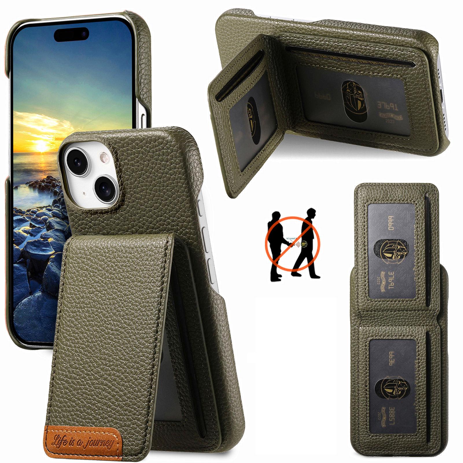 

For iPhone 15 Case RFID Blocking Card Holder Litchi Texture Leather Back Cover Midnight Green