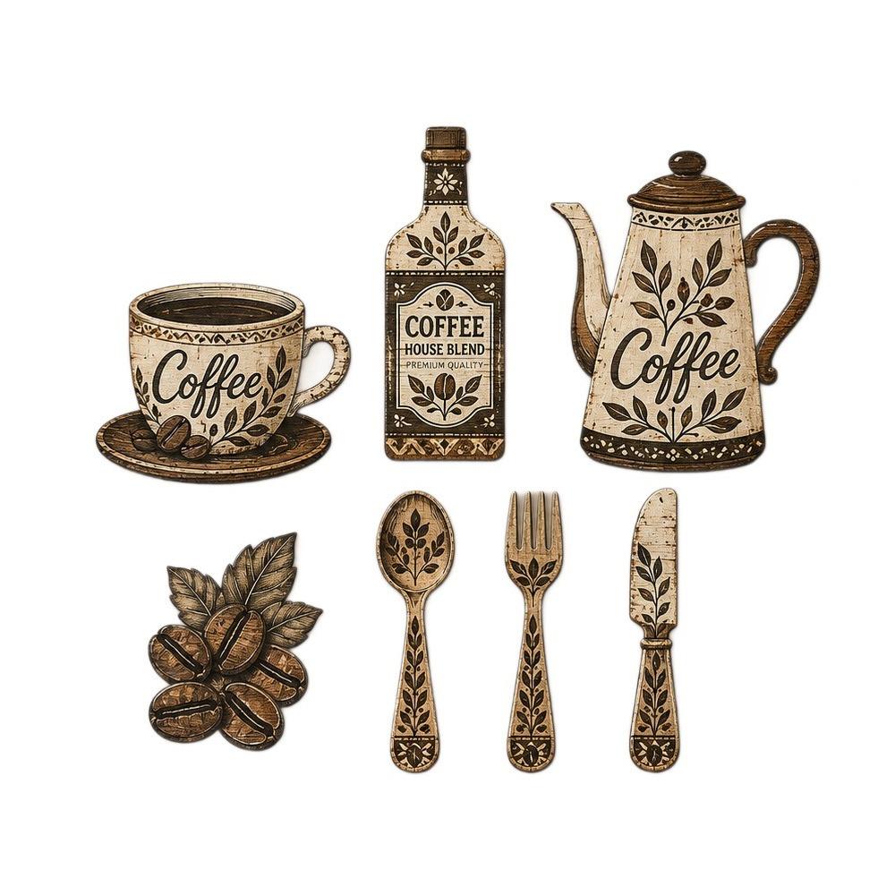 7Pcs Vintage Coffee Utensil Wooden Ornament Dining Room Wall Decor Set For Home Kitchen