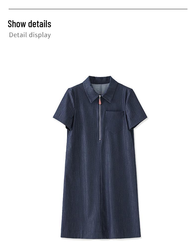 Light Oxygen Minimalist Denim Half-Zip Dress Short Loose A-Line Skirt for Women