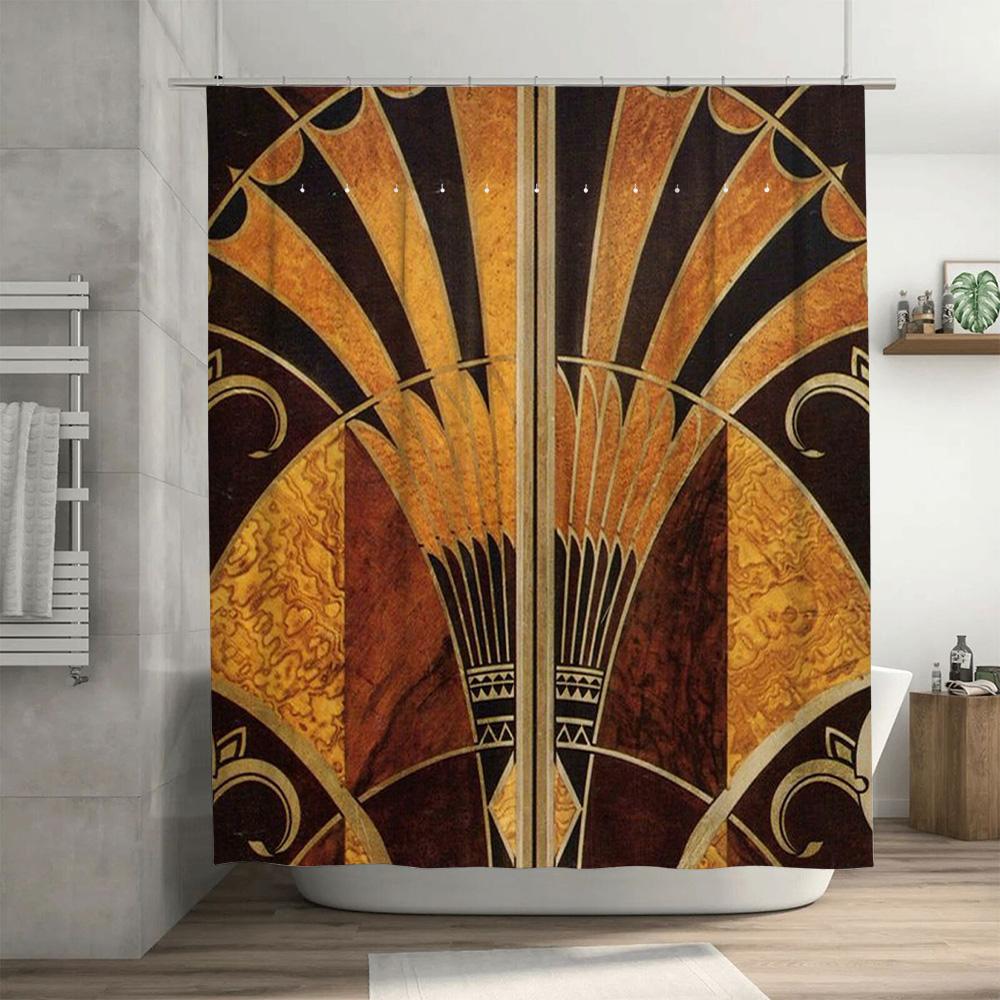 Vintage Art Deco Shower Curtain Elegant Gold Brown Floral Design Fabric Bath Mat Decoration Waterproof Window Decorations for Ba