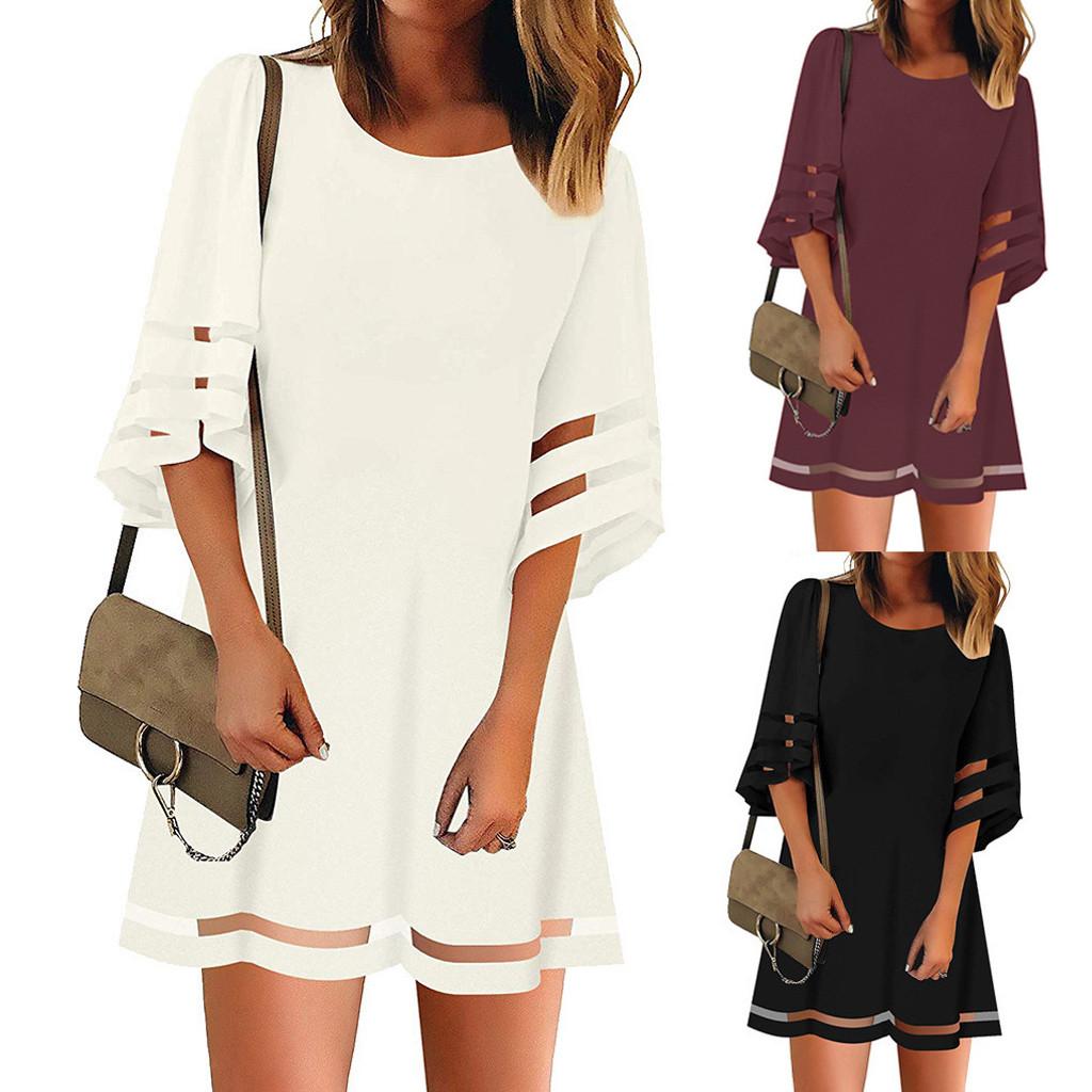 Women's  Mesh Panel Blouse 3/4 Bell Sleeve Loose Top Shirt Dress