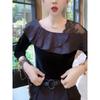 2026 Autumn New Korean Style Plus Size Off-Shoulder Lace Ruffle Patchwork Long Sleeve Slimming Top Versatile and Stylish