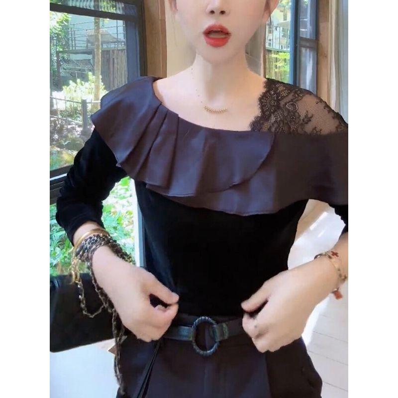 2026 Autumn New Korean Style Plus Size Off-Shoulder Lace Ruffle Patchwork Long Sleeve Slimming Top Versatile and Stylish