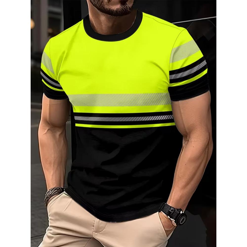 Men's 3D Printed New Safety Sign Color-Block Design Short Sleeve Fashionable Summer Casual