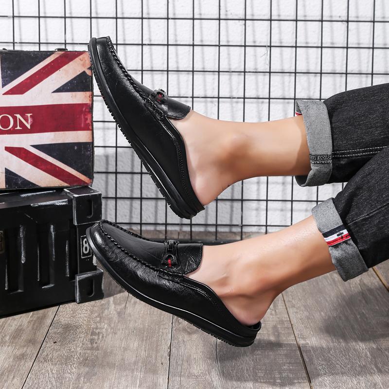 Fashion Genuine Leather Mens Slip on Shoes Fashion Men Half Loafers Slides Breathable Mules for Man Flats New Breathable Dress Shoes