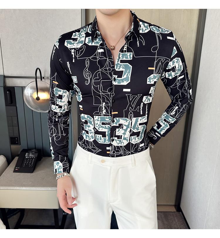 

Новая мужская рубашка с длинными рукавами без отворотов, модная повседневная тонкая рубашка с цифровым принтом ранней осени