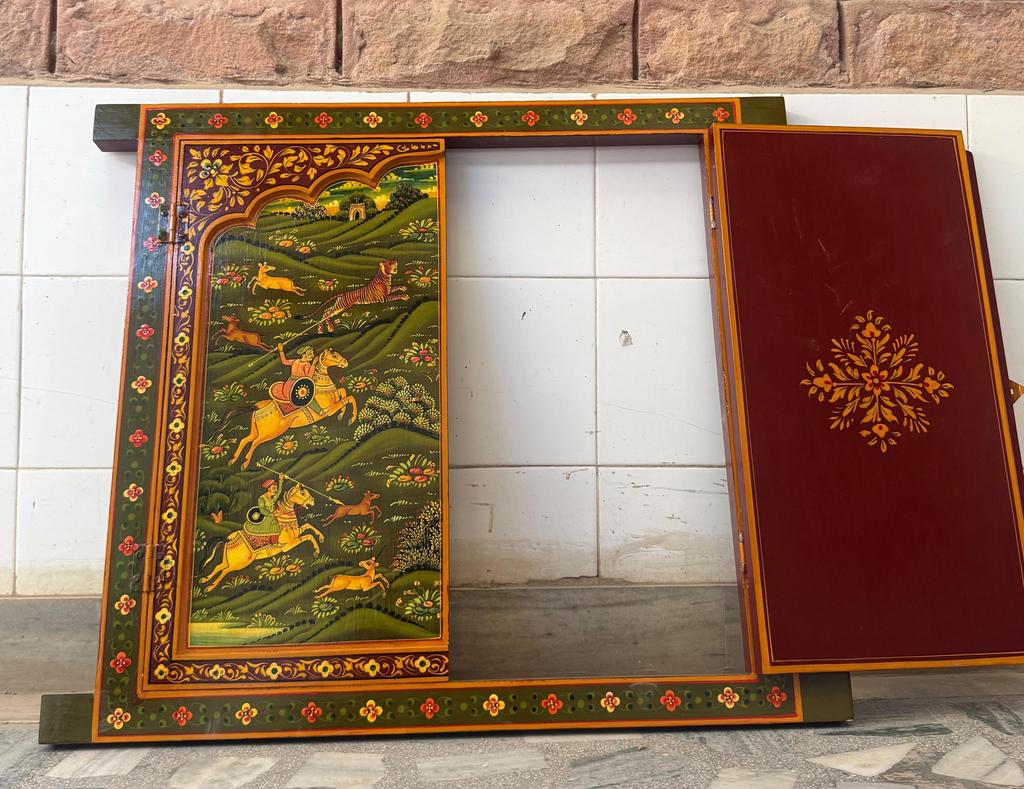 Handmade Wooden Jharokha Wall Hanging: Royal Hunting Scene, Festival Decor Frame